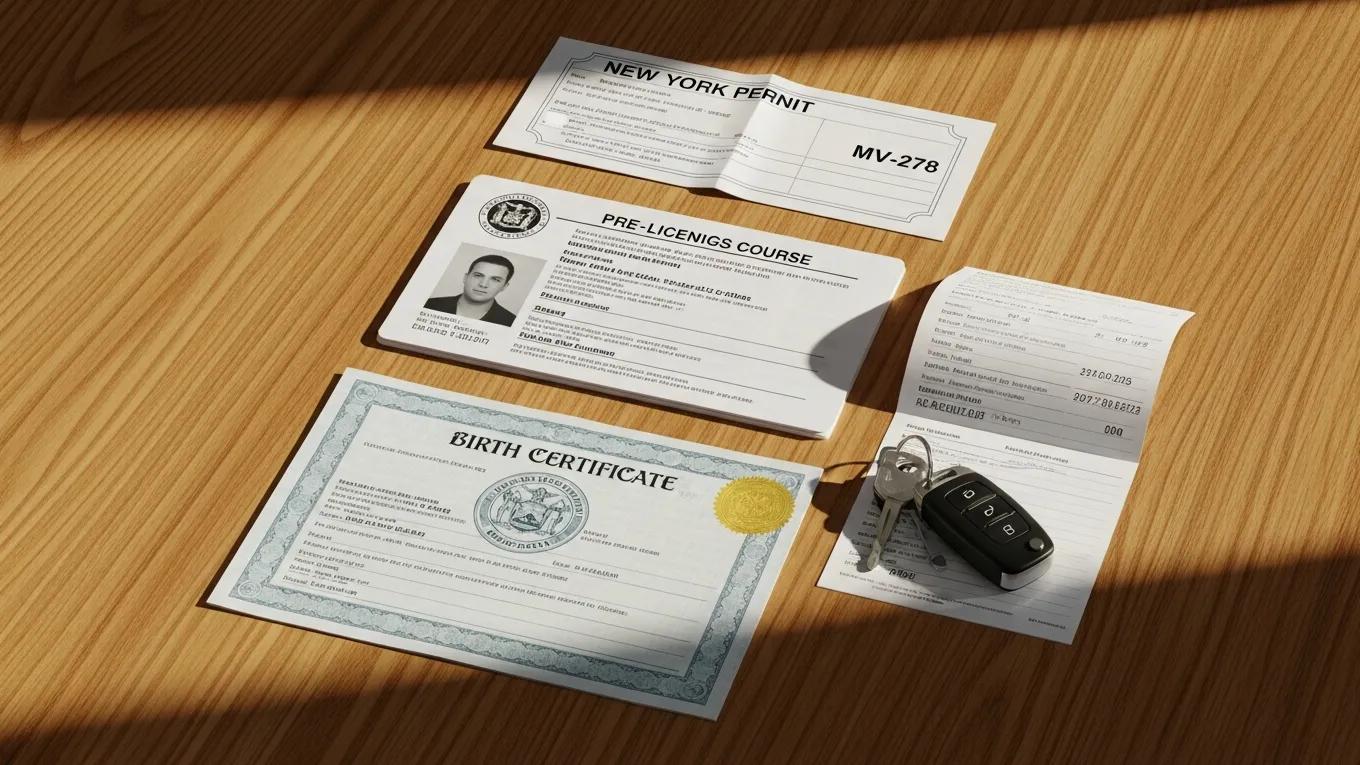 Essential documents for DMV road test including learner's permit and registration