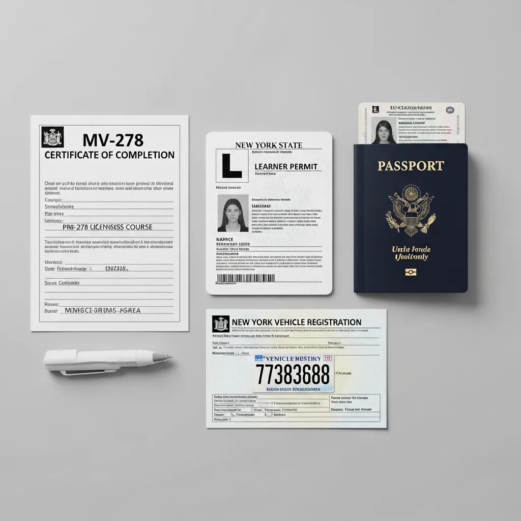 Essential documents for New York road test including learner's permit and pre-licensing certificate