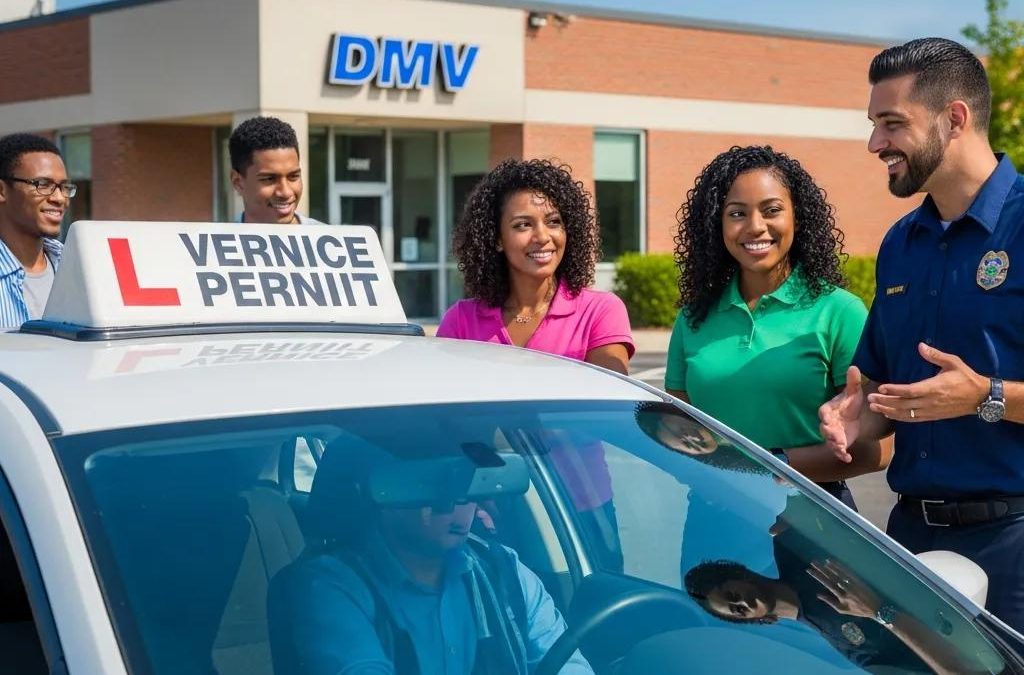 Group of diverse individuals preparing for a vehicle road test in New York with a learner's permit and car