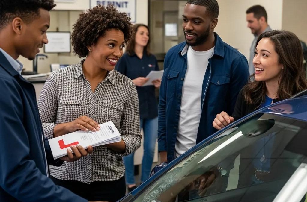 Group preparing for DMV road test in New York with learner's permit and car