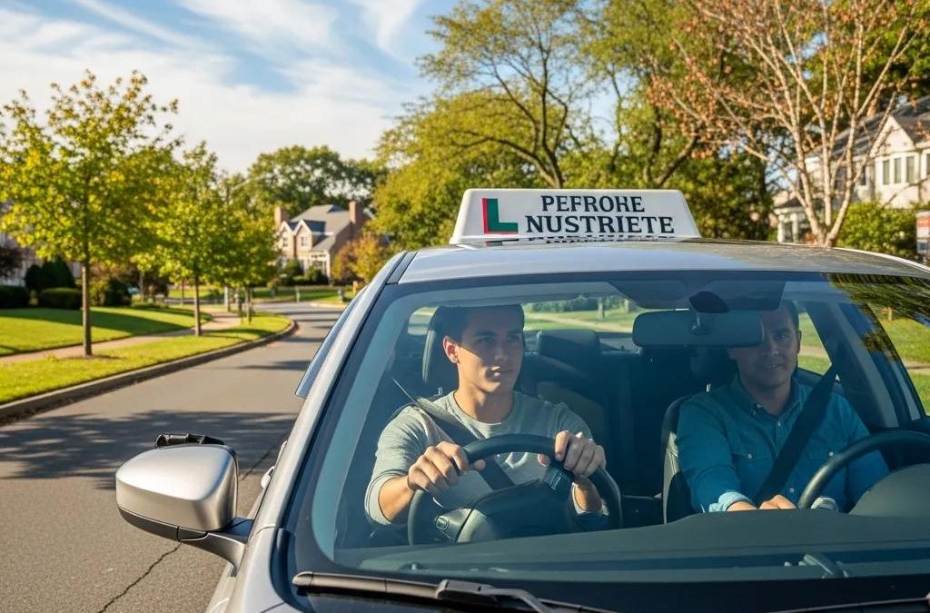 Learner driver practicing driving skills on a scenic road in Fresh Meadows, New York