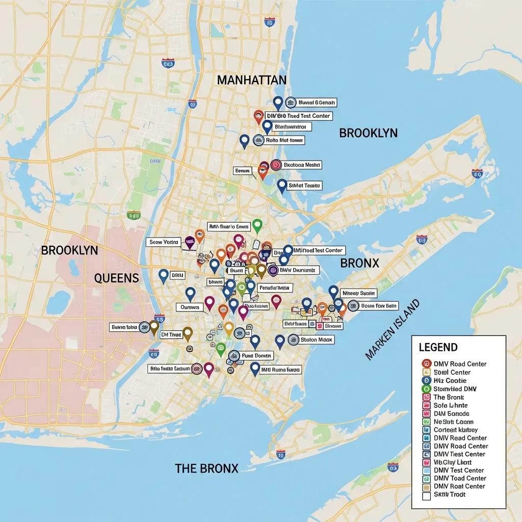 Map of New York highlighting DMV road test locations
