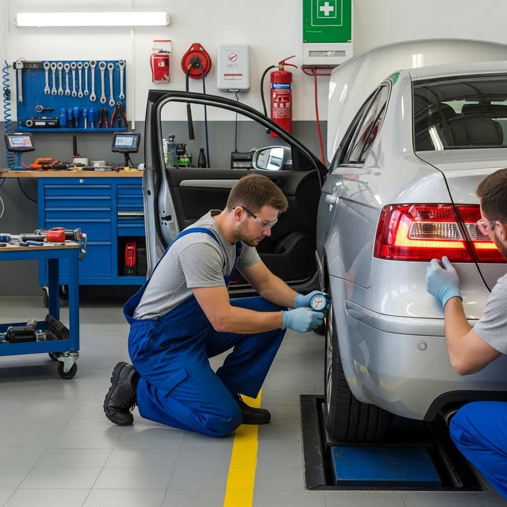Mechanic inspecting a vehicle for NY DMV road test requirements