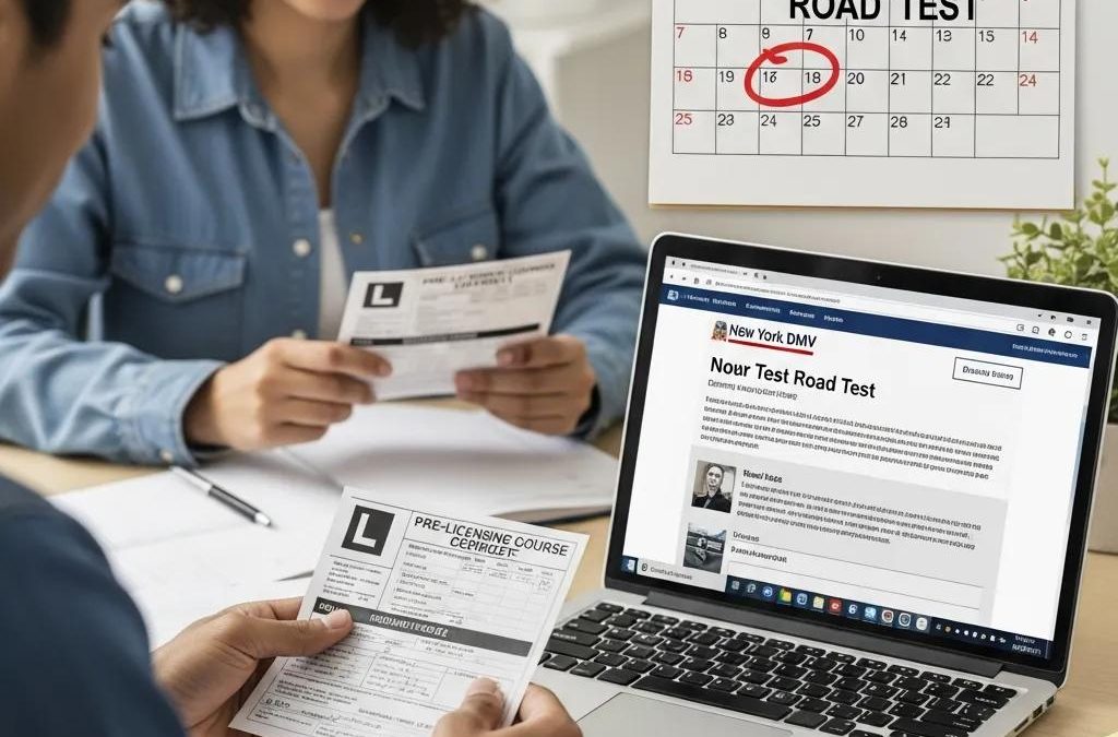 New driver preparing for road test with learner's permit and DMV website open