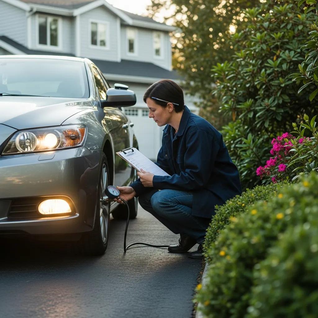 Person inspecting car for road test preparation, checking tire pressure and lights