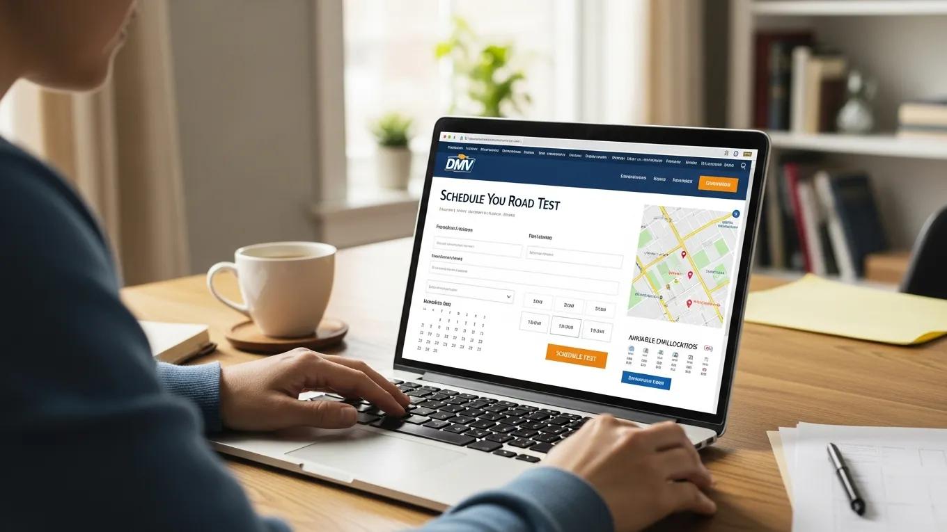 Person scheduling a DMV road test online using a laptop