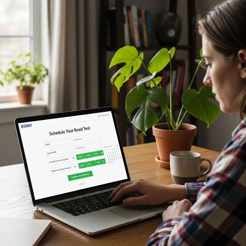 Person scheduling a road test appointment online using a laptop in a cozy home office