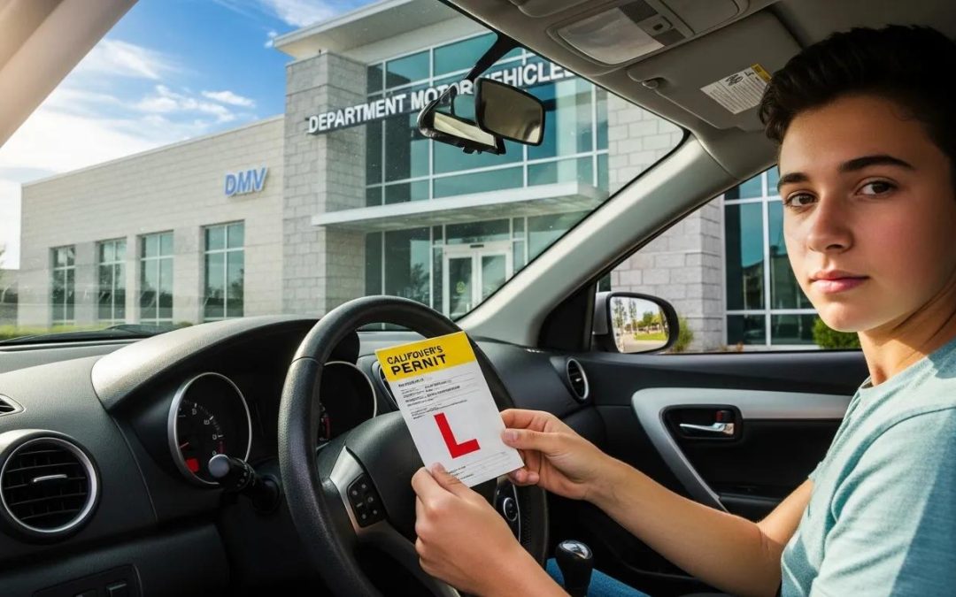 Young driver preparing for DMV road test in front of DMV office