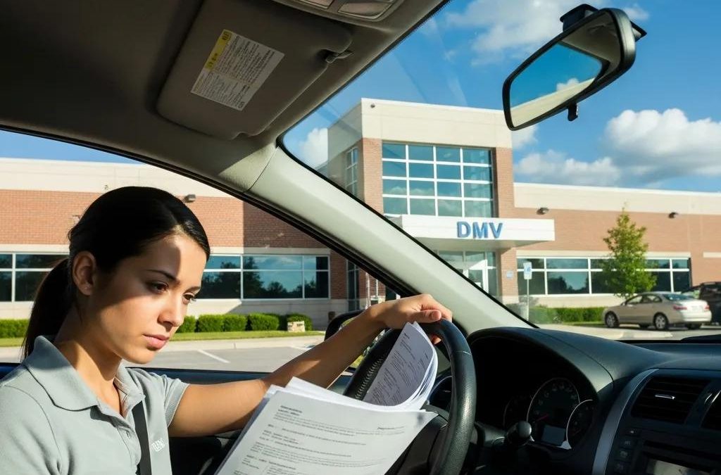 Young driver preparing for NY DMV road test outside DMV building